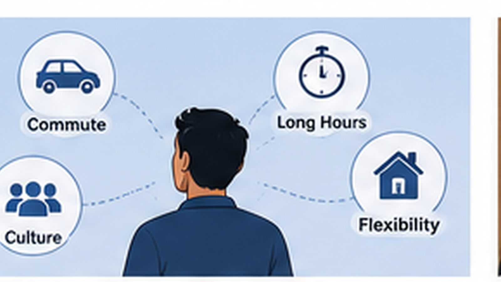 Editorial illustration for The Hidden Cost of a Job Offer: Commute, Hours, Culture and Flexibility.
