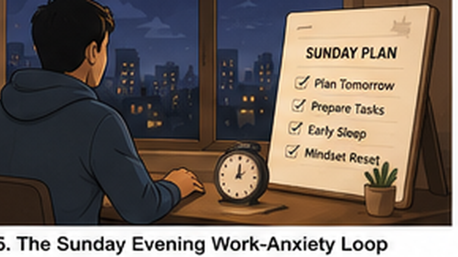 Editorial illustration for The Sunday Evening Work-Anxiety Loop and How to Prepare for Monday.